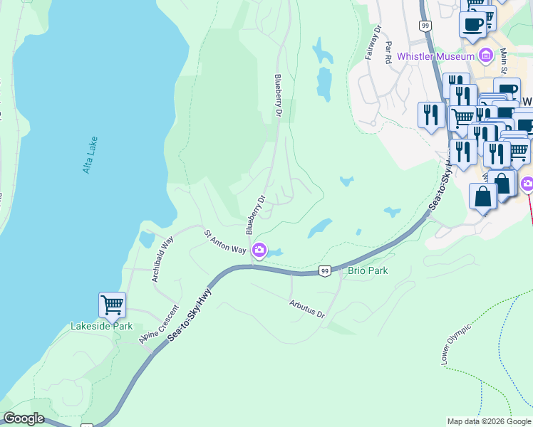 map of restaurants, bars, coffee shops, grocery stores, and more near 3201 Blueberry Drive in Whistler