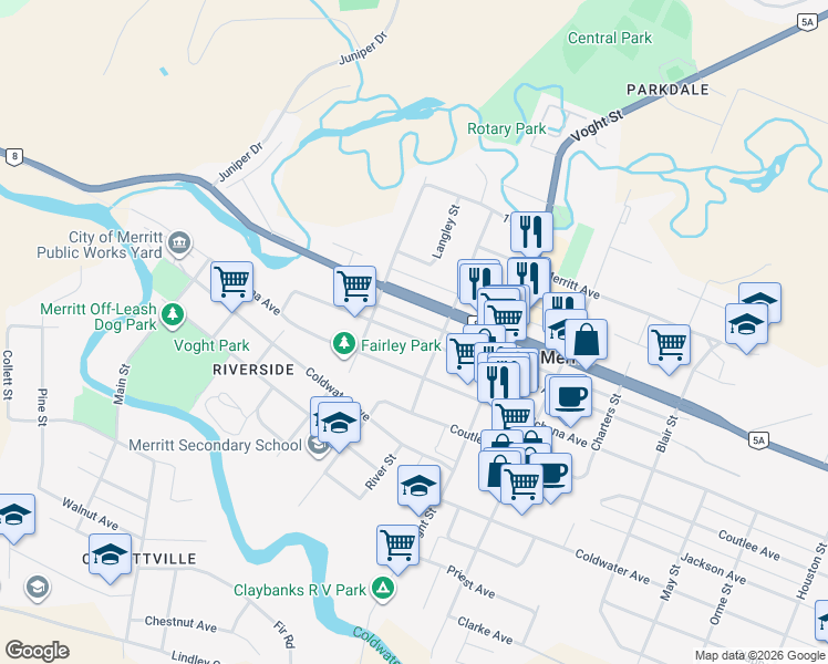 map of restaurants, bars, coffee shops, grocery stores, and more near 1863 Granite Avenue in Merritt