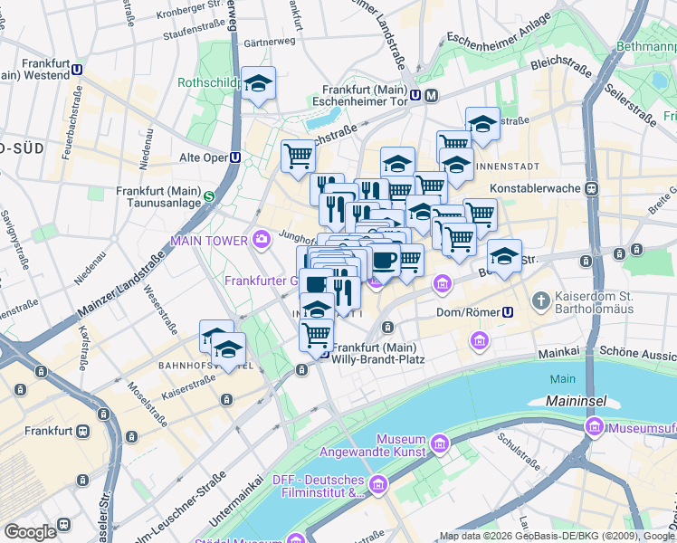 map of restaurants, bars, coffee shops, grocery stores, and more near 16 Große Gallusstraße in Frankfurt