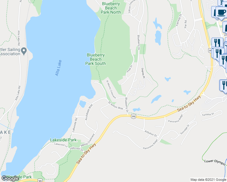 map of restaurants, bars, coffee shops, grocery stores, and more near 3135 Saint Moritz Crescent in Whistler