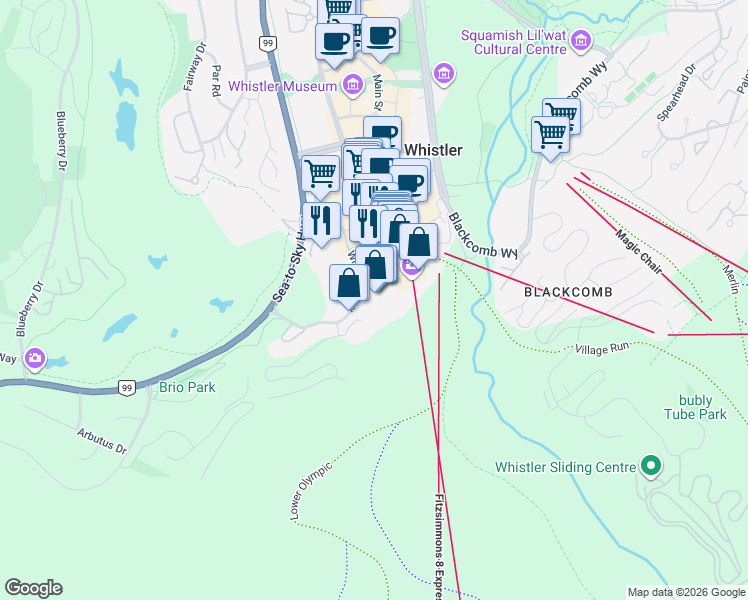map of restaurants, bars, coffee shops, grocery stores, and more near 4090 Whistler Way in Whistler