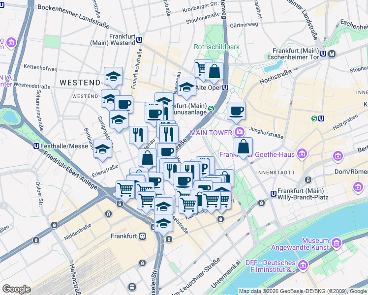 map of restaurants, bars, coffee shops, grocery stores, and more near 11 Mainzer Landstraße in Frankfurt am Main