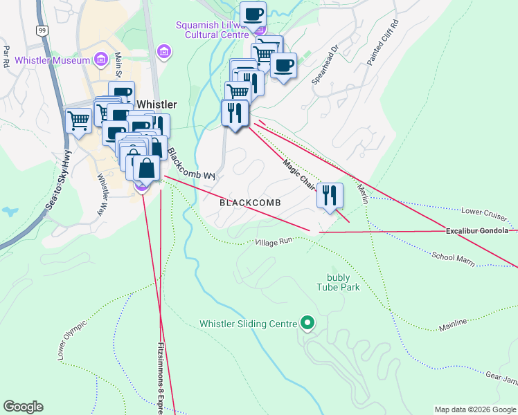 map of restaurants, bars, coffee shops, grocery stores, and more near 4700 Glacier Drive in Whistler