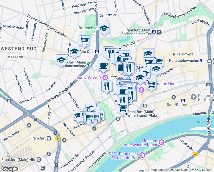 map of restaurants, bars, coffee shops, grocery stores, and more near 46 Neue Mainzer Straße in Frankfurt am Main