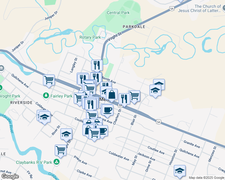 map of restaurants, bars, coffee shops, grocery stores, and more near 2202 Garcia Street in Merritt