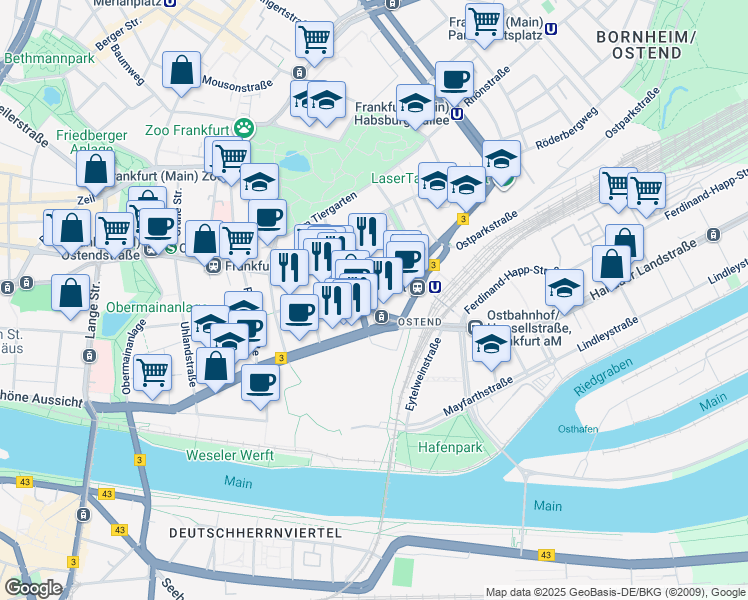 map of restaurants, bars, coffee shops, grocery stores, and more near 81 Hanauer Landstraße in Frankfurt am Main