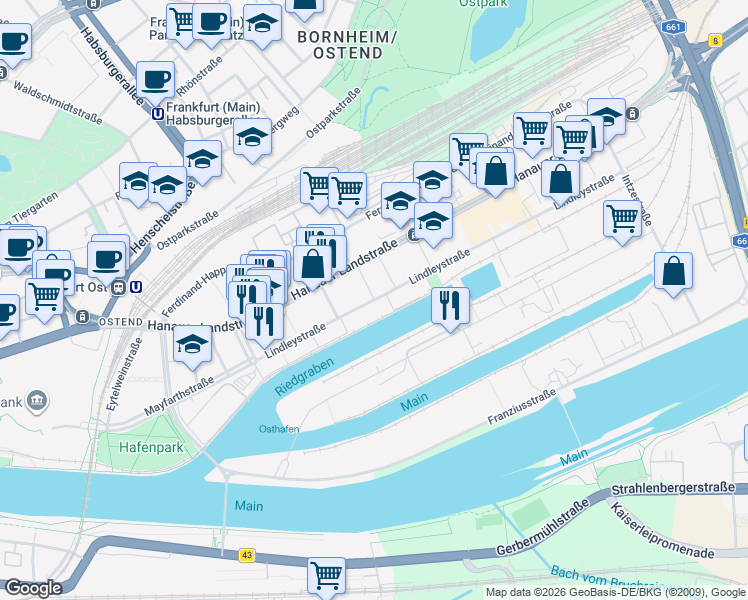 map of restaurants, bars, coffee shops, grocery stores, and more near 10 Lindleystraße in Frankfurt am Main