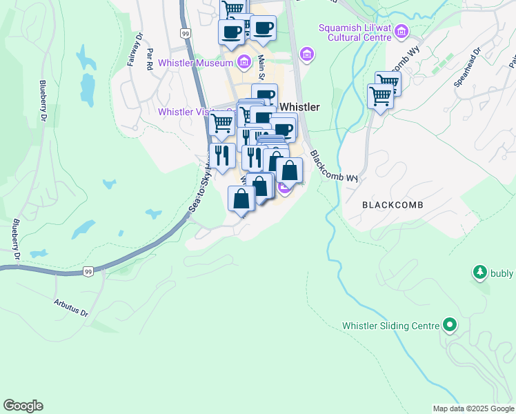 map of restaurants, bars, coffee shops, grocery stores, and more near 4090 Whistler Way in Whistler
