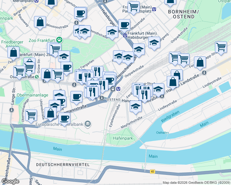 map of restaurants, bars, coffee shops, grocery stores, and more near 4 Grusonstraße in Frankfurt am Main