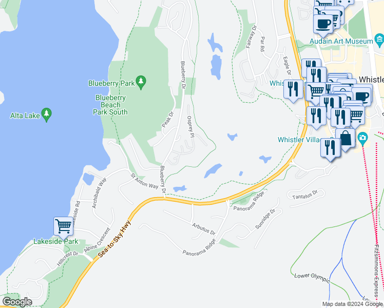 map of restaurants, bars, coffee shops, grocery stores, and more near 3309 Ptarmigan Place in Whistler