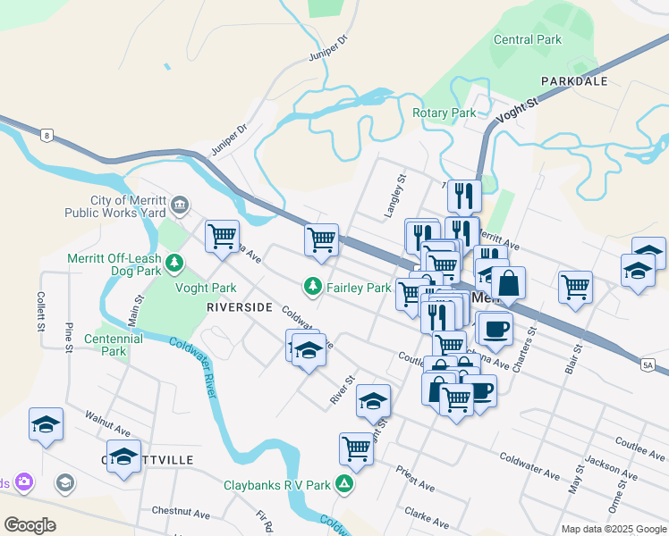 map of restaurants, bars, coffee shops, grocery stores, and more near Cleasby Street in Merritt