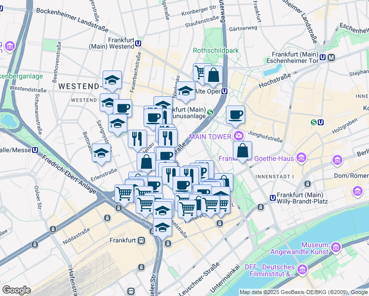 map of restaurants, bars, coffee shops, grocery stores, and more near 5 Mainzer Landstraße in Frankfurt am Main