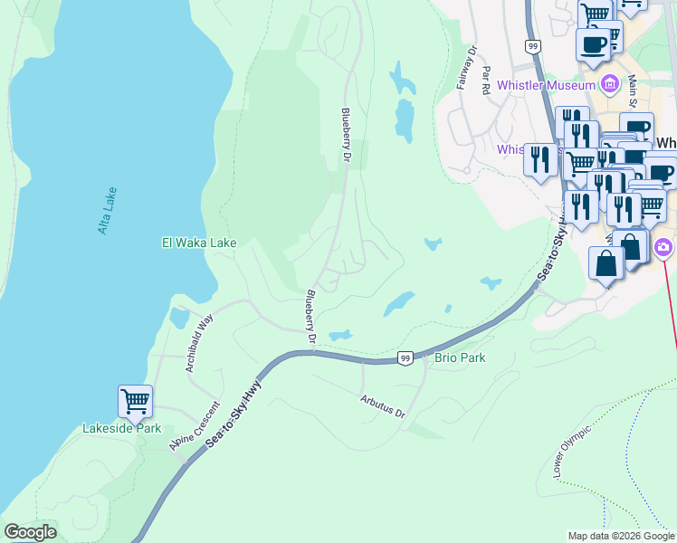 map of restaurants, bars, coffee shops, grocery stores, and more near 3300 Ptarmigan Place in Whistler