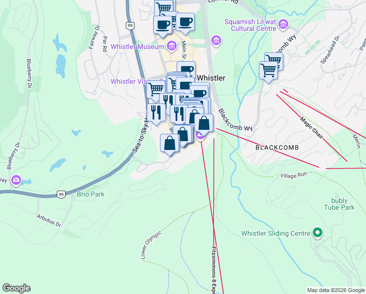 map of restaurants, bars, coffee shops, grocery stores, and more near 4090 Whistler Way in Whistler