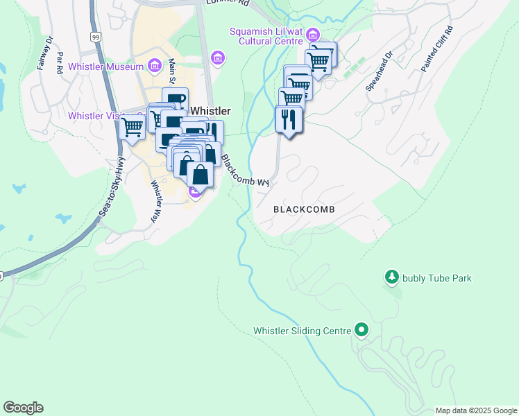 map of restaurants, bars, coffee shops, grocery stores, and more near 4501 Blackcomb Way in Whistler