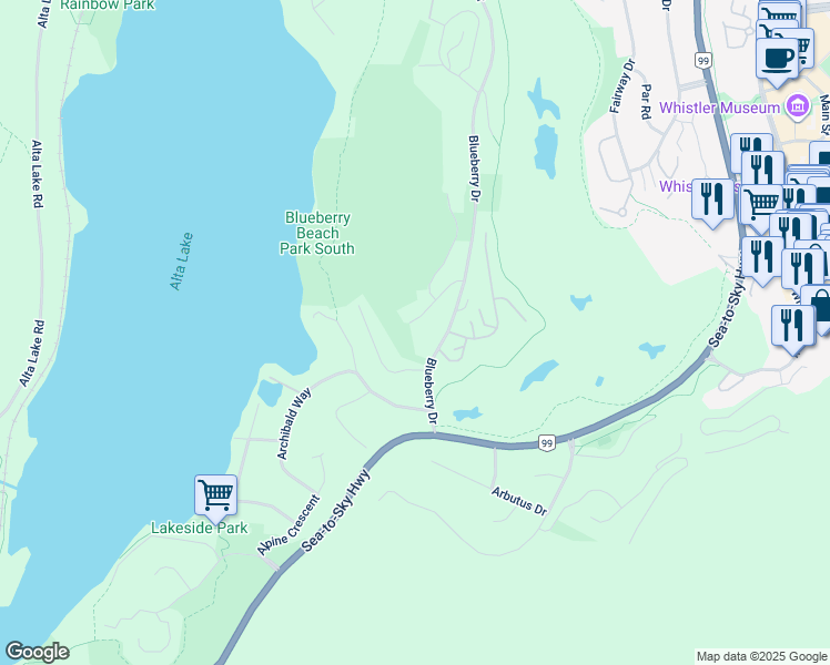 map of restaurants, bars, coffee shops, grocery stores, and more near 3231 Peak Drive in Whistler