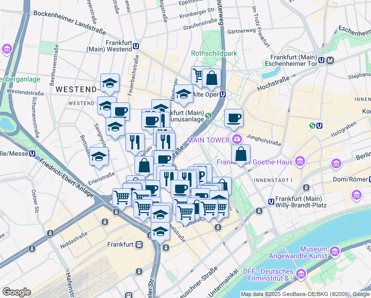 map of restaurants, bars, coffee shops, grocery stores, and more near 5 Mainzer Landstraße in Frankfurt am Main
