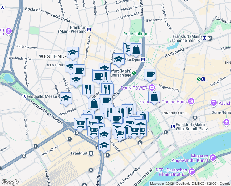 map of restaurants, bars, coffee shops, grocery stores, and more near 16 Mainzer Landstraße in Frankfurt