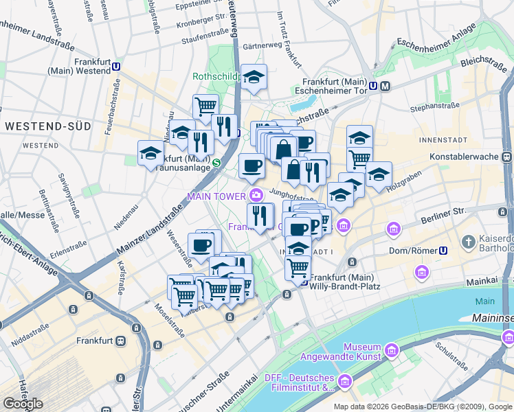 map of restaurants, bars, coffee shops, grocery stores, and more near 52 Neue Mainzer Straße in Frankfurt am Main