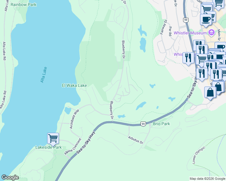 map of restaurants, bars, coffee shops, grocery stores, and more near 3212 Blueberry Drive in Whistler