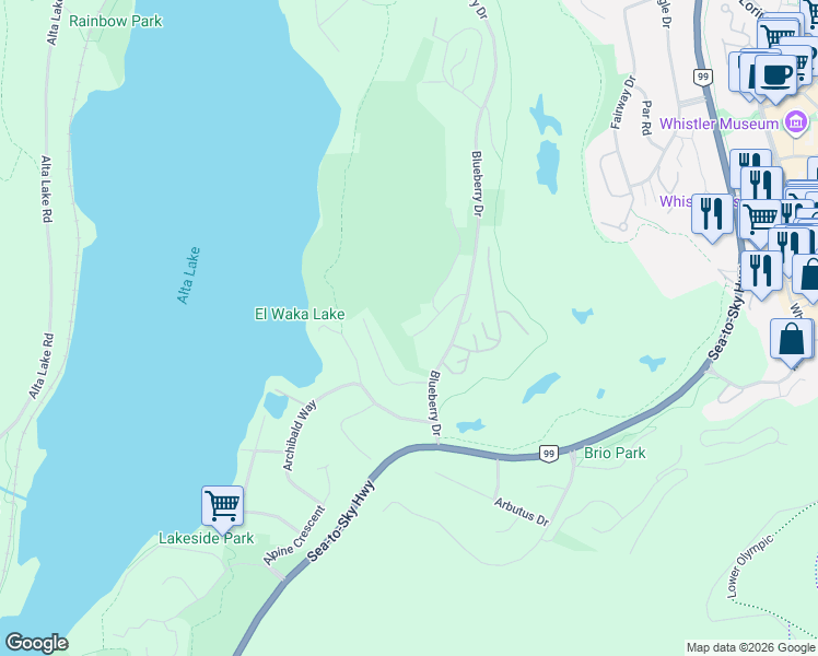 map of restaurants, bars, coffee shops, grocery stores, and more near 3232 Peak Drive in Whistler