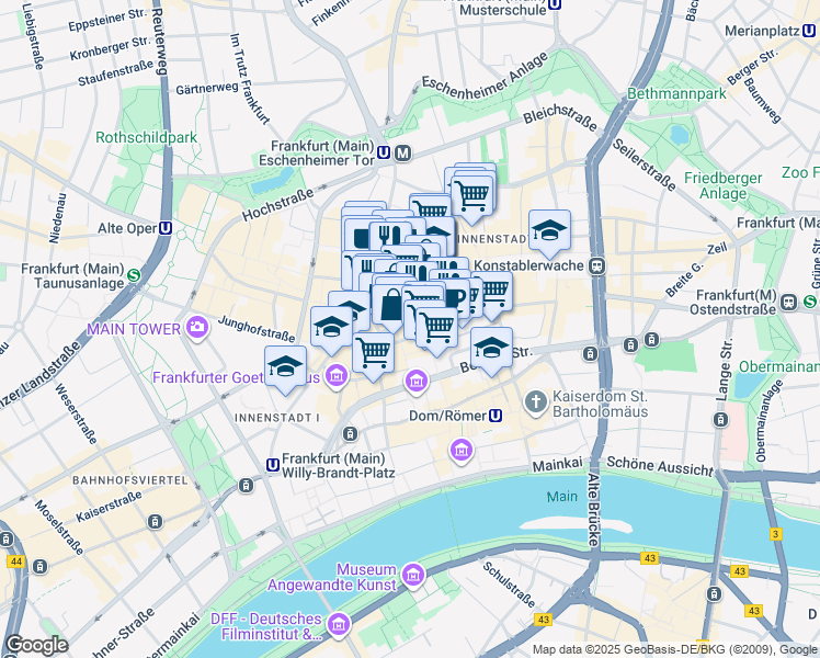 map of restaurants, bars, coffee shops, grocery stores, and more near 6 Bleidenstraße in Frankfurt am Main
