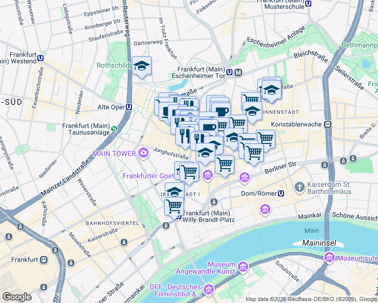 map of restaurants, bars, coffee shops, grocery stores, and more near 5 Goetheplatz in Frankfurt