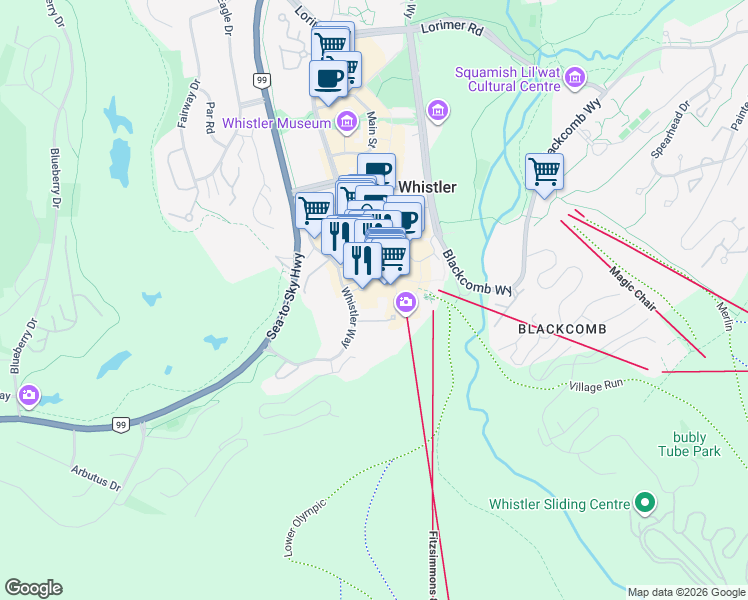 map of restaurants, bars, coffee shops, grocery stores, and more near 4050 Whistler Way in Whistler