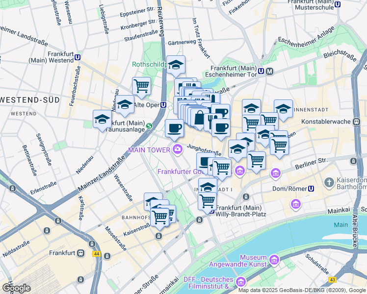 map of restaurants, bars, coffee shops, grocery stores, and more near 13-15 Junghofstraße in Frankfurt am Main