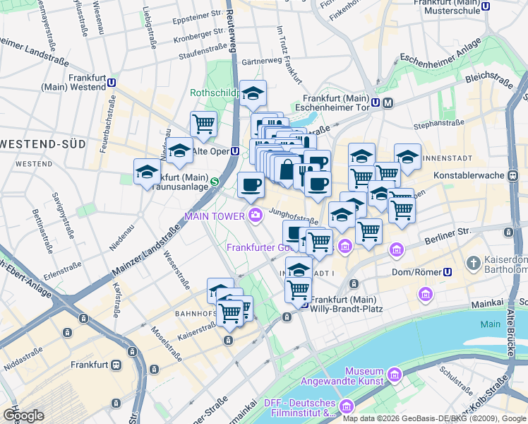 map of restaurants, bars, coffee shops, grocery stores, and more near 13-15 Junghofstraße in Frankfurt am Main