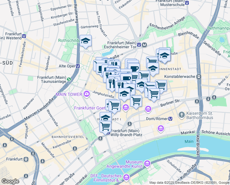 map of restaurants, bars, coffee shops, grocery stores, and more near 5 Goetheplatz in Frankfurt