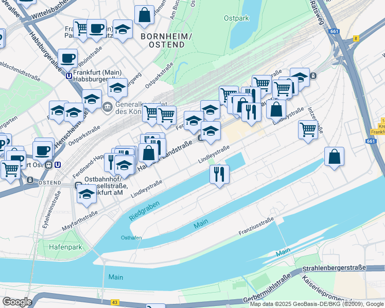 map of restaurants, bars, coffee shops, grocery stores, and more near 166 Hanauer Landstraße in Frankfurt am Main