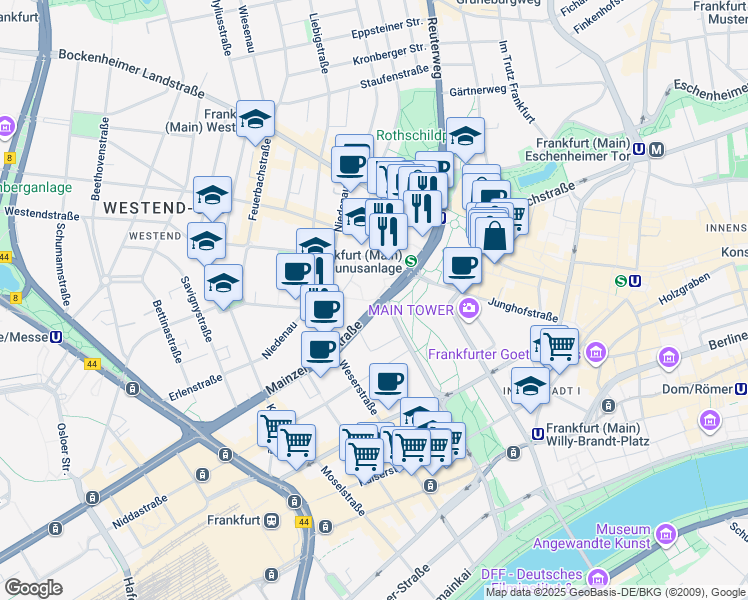 map of restaurants, bars, coffee shops, grocery stores, and more near 6 Mainzer Landstraße in Frankfurt am Main