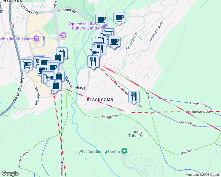map of restaurants, bars, coffee shops, grocery stores, and more near 4700 Glacier Drive in Whistler