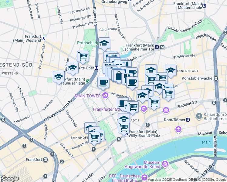 map of restaurants, bars, coffee shops, grocery stores, and more near 22 Junghofstraße in Frankfurt am Main