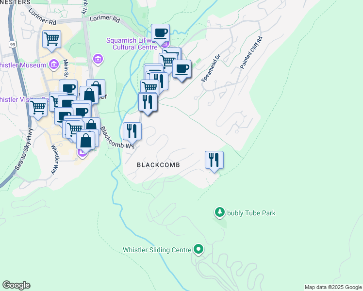 map of restaurants, bars, coffee shops, grocery stores, and more near 4700 Glacier Drive in Whistler