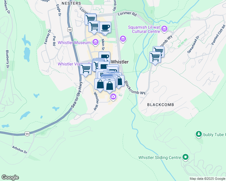 map of restaurants, bars, coffee shops, grocery stores, and more near 4280 Mountain Square in Whistler