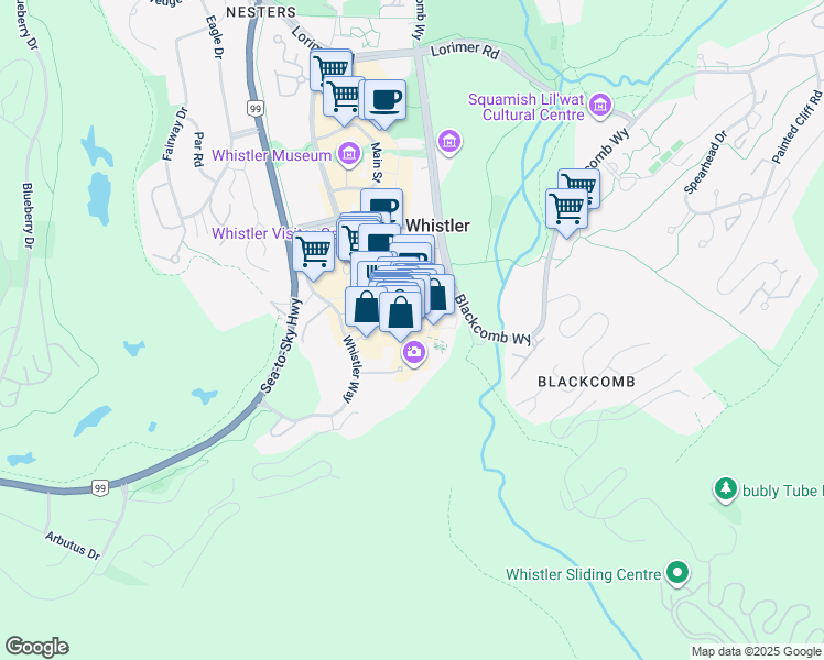 map of restaurants, bars, coffee shops, grocery stores, and more near 4280 Mountain Square in Whistler
