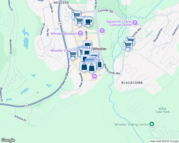 map of restaurants, bars, coffee shops, grocery stores, and more near 4293 Mountain Square in Whistler