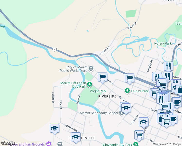map of restaurants, bars, coffee shops, grocery stores, and more near 1041 Coldwater Avenue in Merritt