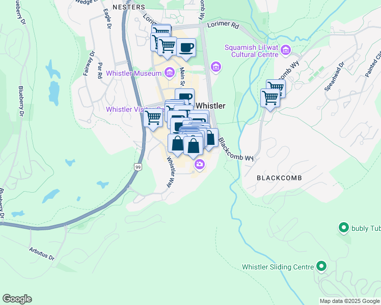 map of restaurants, bars, coffee shops, grocery stores, and more near 4299 Mountain Square in Whistler