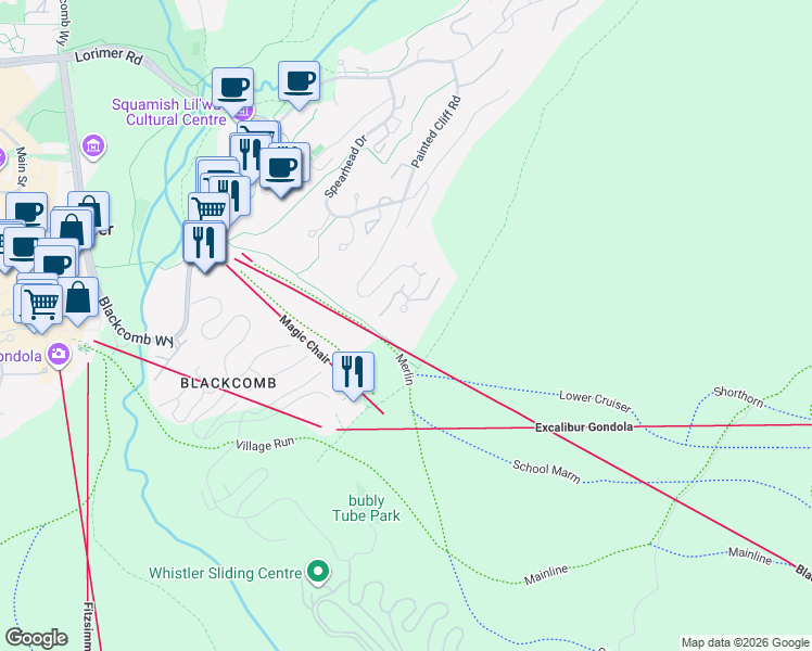 map of restaurants, bars, coffee shops, grocery stores, and more near 4899 Painted Cliff Road in Whistler