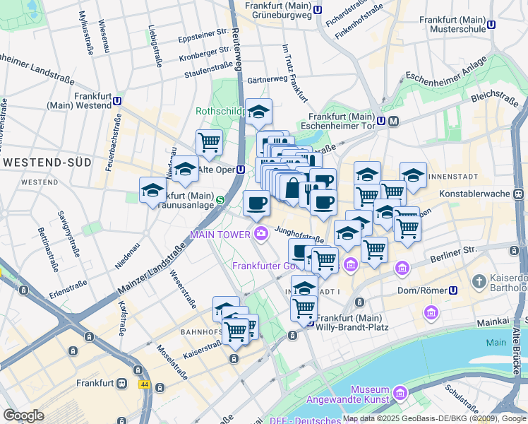 map of restaurants, bars, coffee shops, grocery stores, and more near 74 Neue Mainzer Straße in Frankfurt am Main