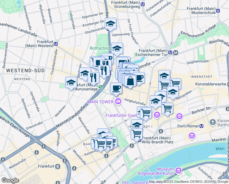 map of restaurants, bars, coffee shops, grocery stores, and more near 69-75 Neue Mainzer Straße in Frankfurt am Main