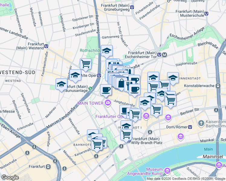 map of restaurants, bars, coffee shops, grocery stores, and more near 80 Neue Mainzer Straße in Frankfurt