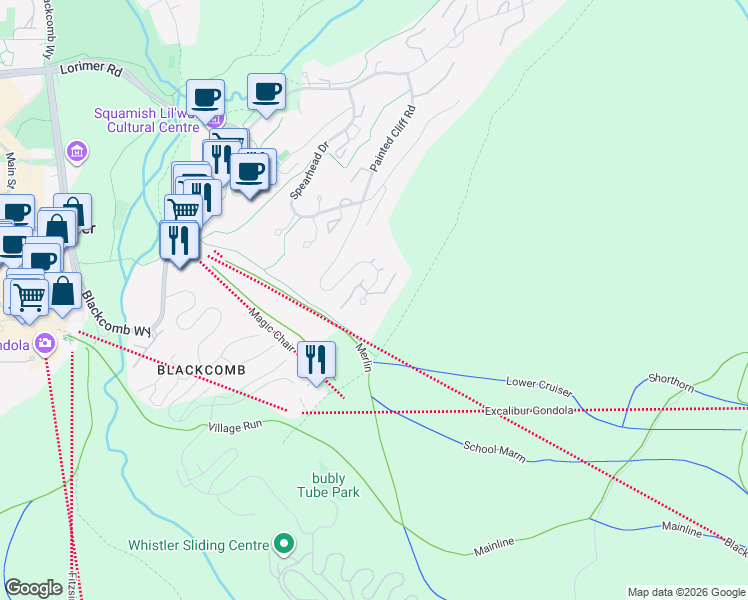 map of restaurants, bars, coffee shops, grocery stores, and more near 4899 Painted Cliff Road in Whistler
