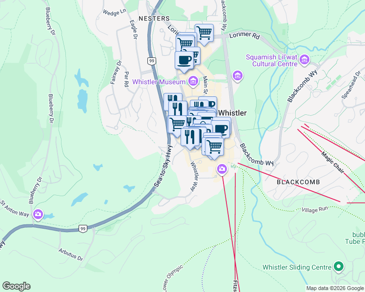 map of restaurants, bars, coffee shops, grocery stores, and more near Whistler Way in Whistler