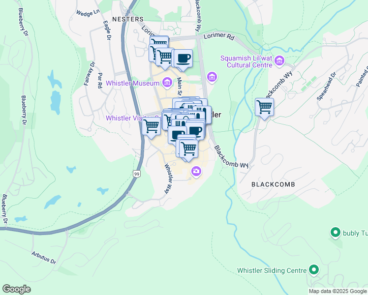 map of restaurants, bars, coffee shops, grocery stores, and more near 4333 Sunrise Alley in Whistler