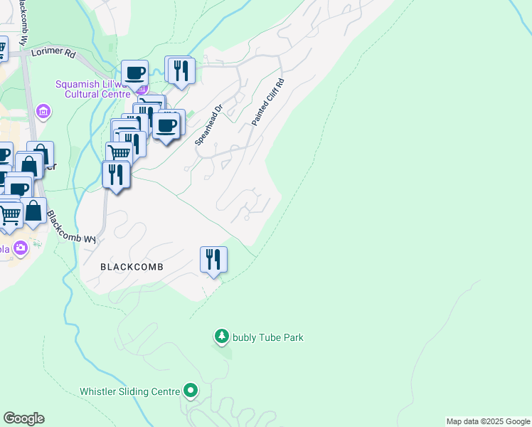 map of restaurants, bars, coffee shops, grocery stores, and more near 4894 Painted Cliff Road in Whistler