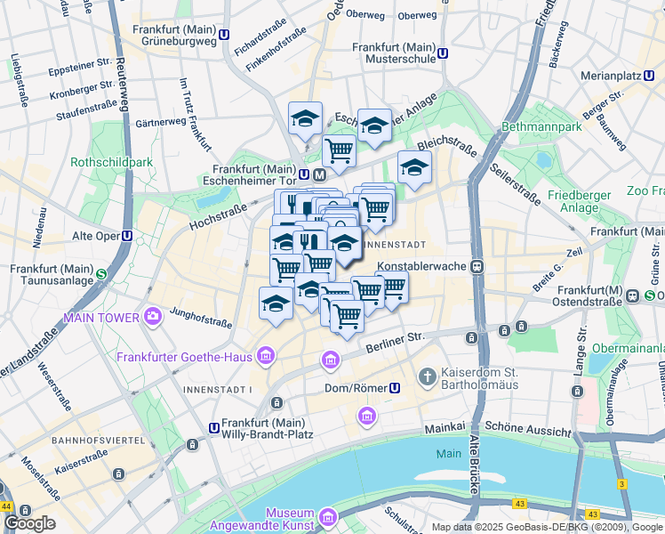 map of restaurants, bars, coffee shops, grocery stores, and more near 112 Zeil in Frankfurt am Main